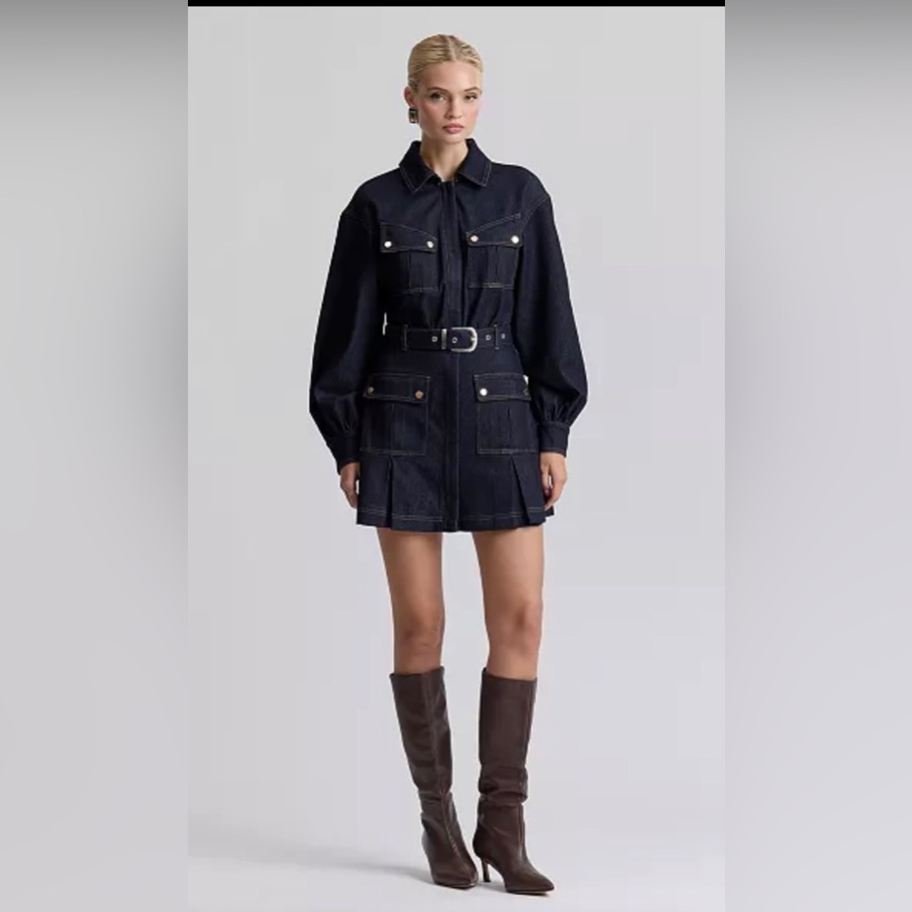 Avec Les Filles Dark Navy Denim Jacket with Puff Sleeves